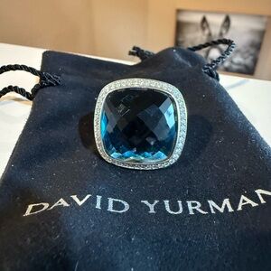 David Yurman Silver Ring with London blue topaz surrounded by diamonds.  sz 8